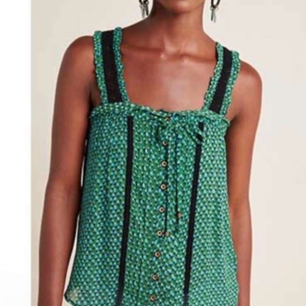 Anthropologie Green Blue Geometric Lace Trim Button Front Camisole Top Size 2